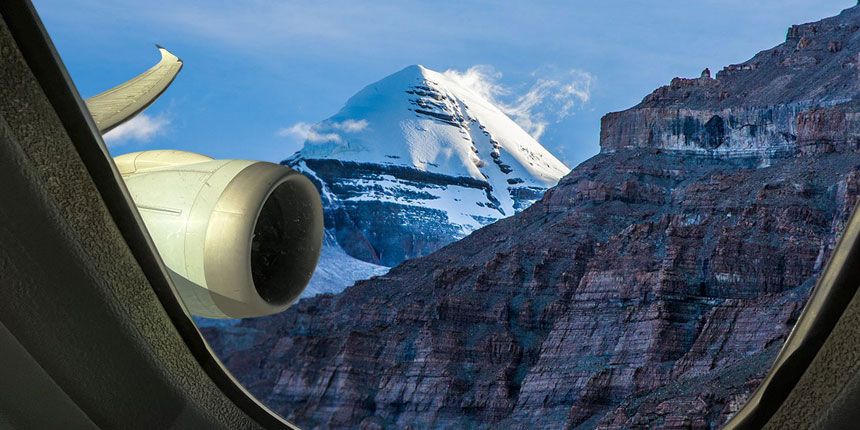 Aerial view of Mount Kailash during the spiritual Darshan flight over the Himalayas