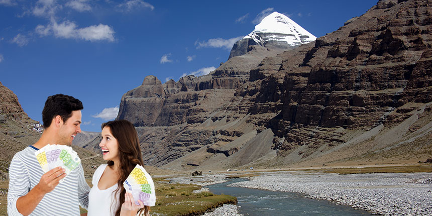 Couple holding travel smiling in front of Mount Kailash, a sacred Himalayan peak in Tibet