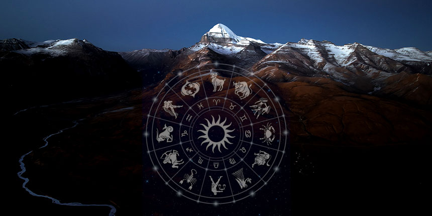 Pilgrims at Mount Kailash with Tibetan Zodiac symbols representing spiritual influence for the 2026 Kailash Mansarovar Yatra