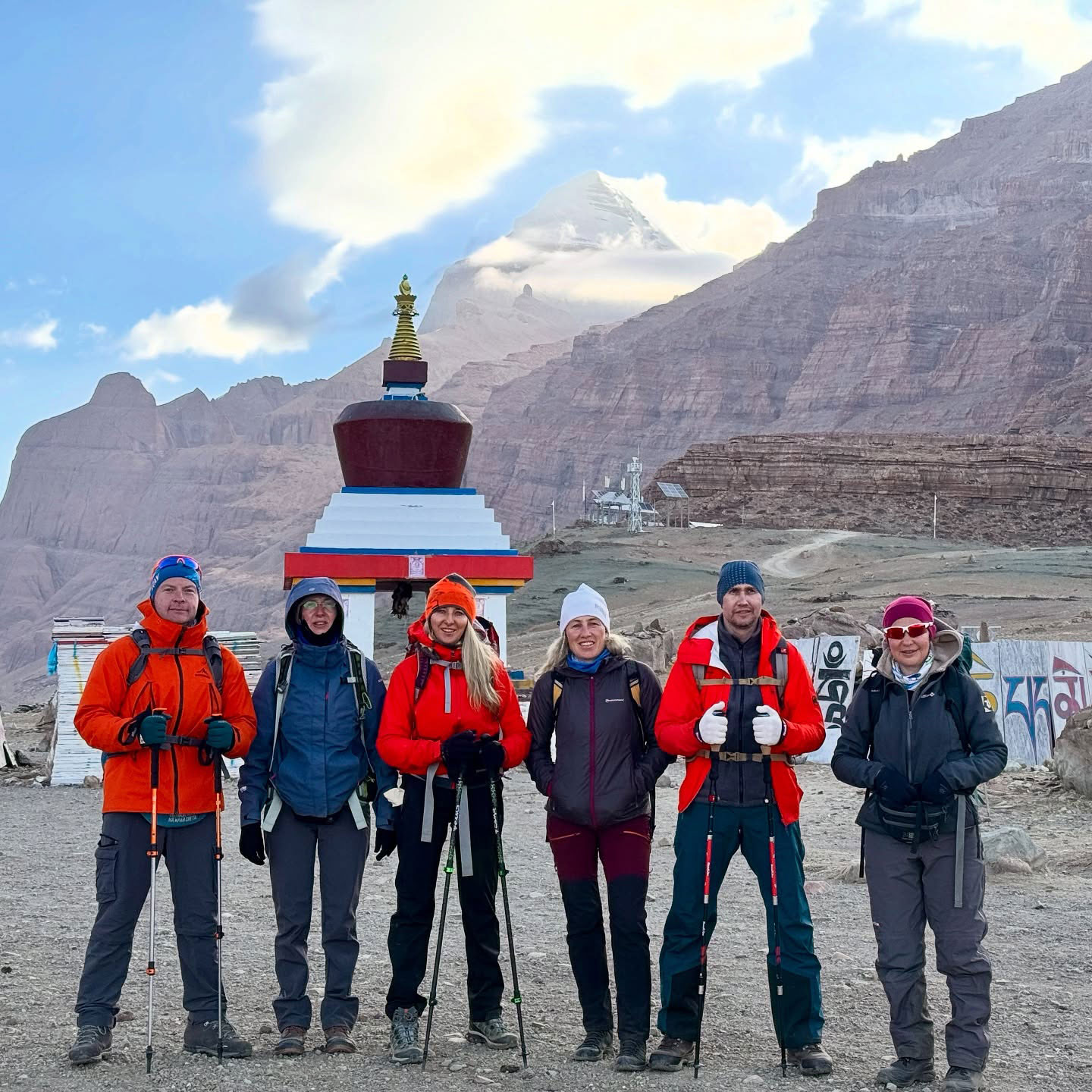 A group of trekkers standing during Mount Kailash Yatra with snow-capped Mount Kailash in the background